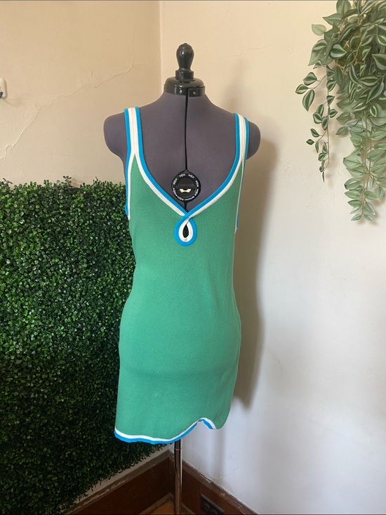 Free People Dresses & Skirts - Free People Green Knit Tank Dress with Blue and White Trim